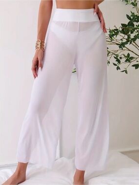 White Sheer Wide Leg Lounge Pants Elastic Waist Beach Cover Up S/M